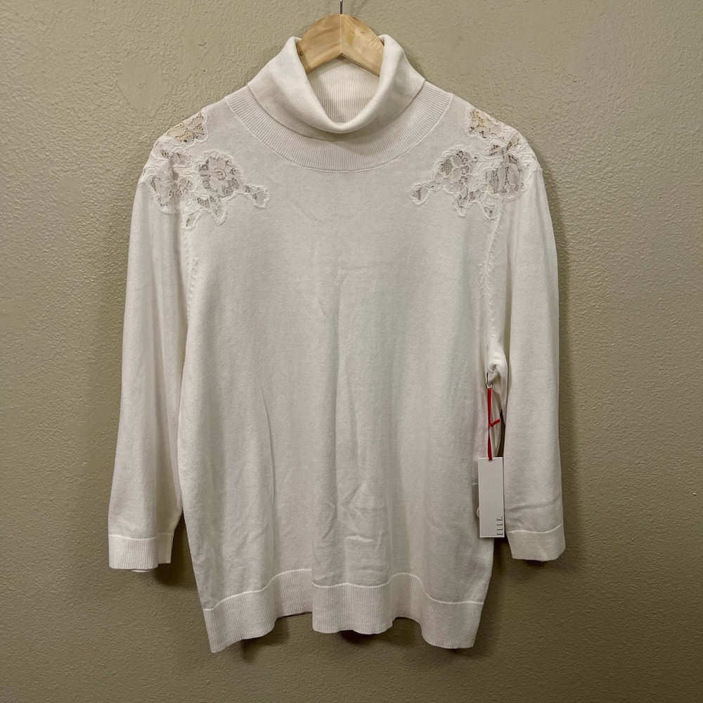 NWT ELLE Spring Knit Turtleneck Lace White/ Ivory Classy Light Women's Size XXL